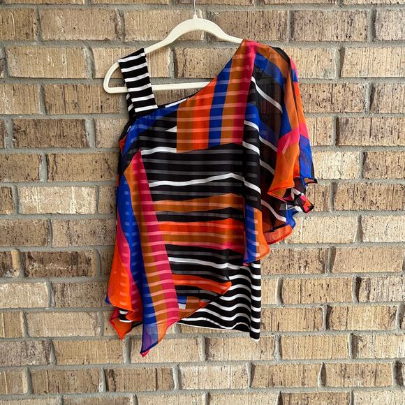 Joseph Ribkoff Tops - Joseph Ribkoff Asymmetrical One Shoulder Top Abstract Stripe Sheer Overlay Sz2